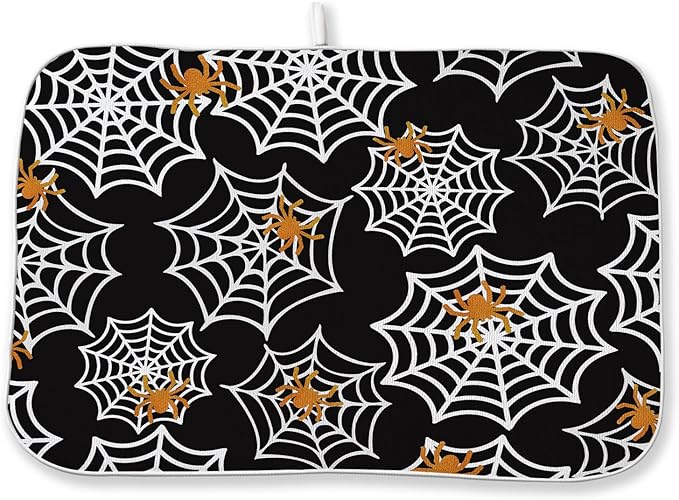 Halloween Dish Drying Mat 18x24 Inch Black Orange Golden Spider Webs Drying Mat by DAFENA
