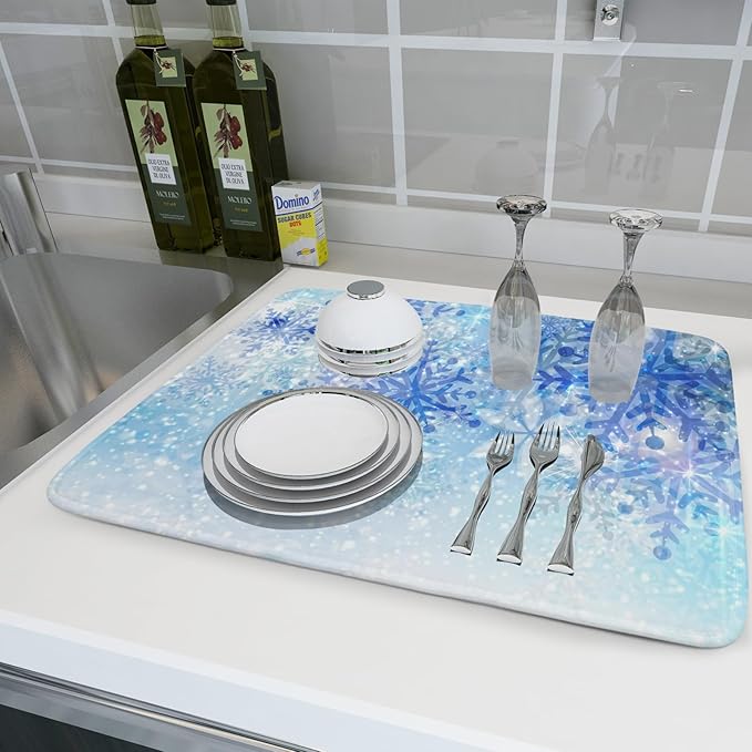 Giwawa 18"x24" Winter Blue Snowflakes Dish Drying Mat Christmas Snow Falling - Image 5