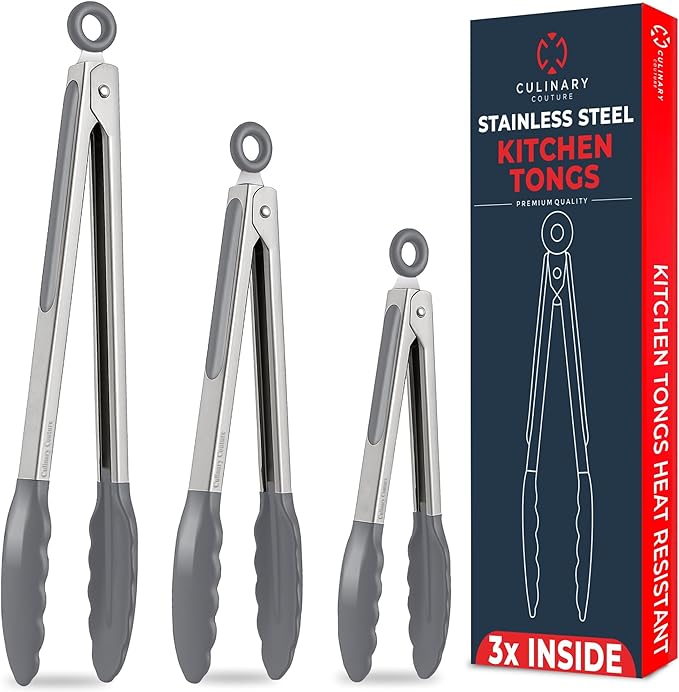 Kitchen Tongs with Silicone Tips Set of 3 Heat Resistant Tongs by CulinaryCouture