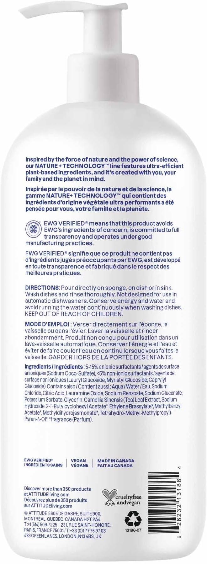ATTITUDE Liquid Dish Detergent, Plant- and Mineral-Based Ingredients, Effective Dishwashing Soap Formula, Vegan and Cruelty-free, Pink Grapefruit, 33.8 Fl Oz (Pack of 3)