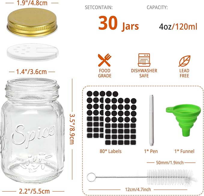 CycleMore 30 Pack 4oz Glass Mason Spice Jars, Round Spice Containers - Image 2