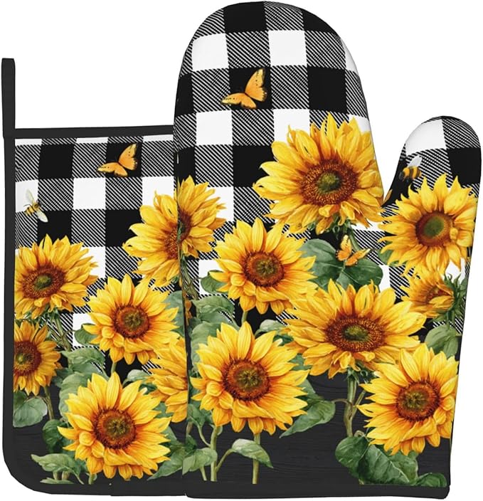 Sunflower Oven Mitts and Pot Holders Sets of 2 Buffalo Plaid Kitchen Mitts by DZGlobal