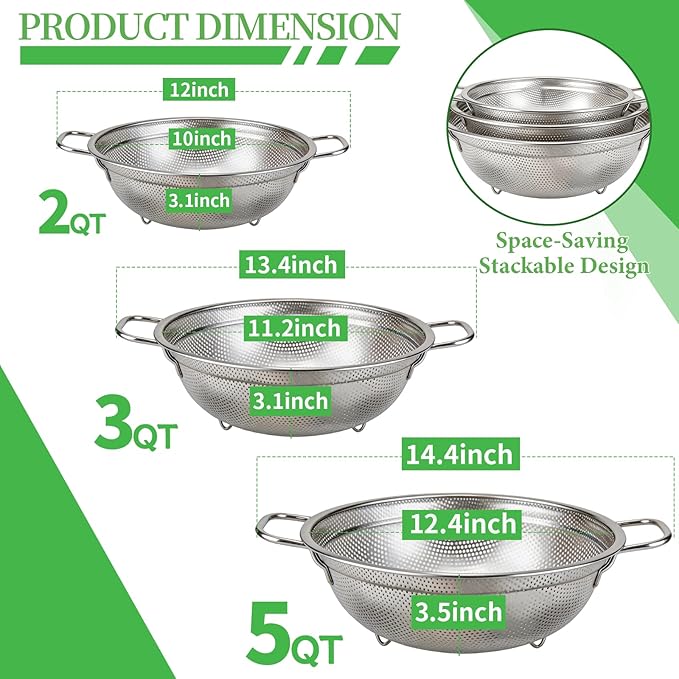 Colander Set of 3, Stainless Steel Micro-Perforated Colanders Strainers - Image 2