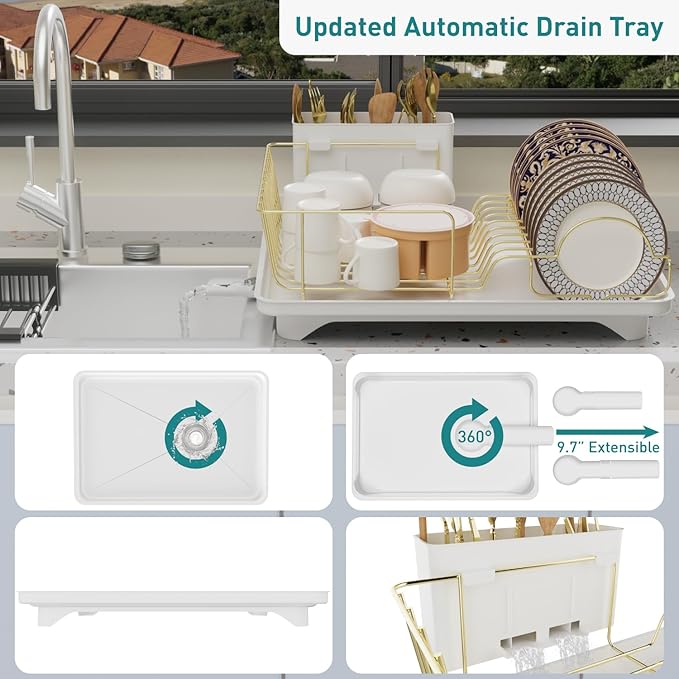 Buruis Dish Drying Rack for Kitchen Countertop, Large Capacity Gold Stainless - Image 3