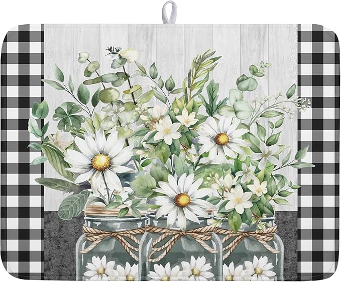 Spring Summer Daisy Floral Dish Drying Mat by Kawani