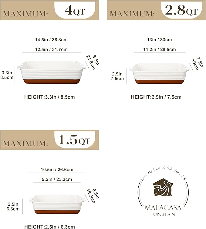 MALACASA Casserole Dishes for Oven, Ceramic Baking Dishes Set of 3, Baking Pan - Image 2