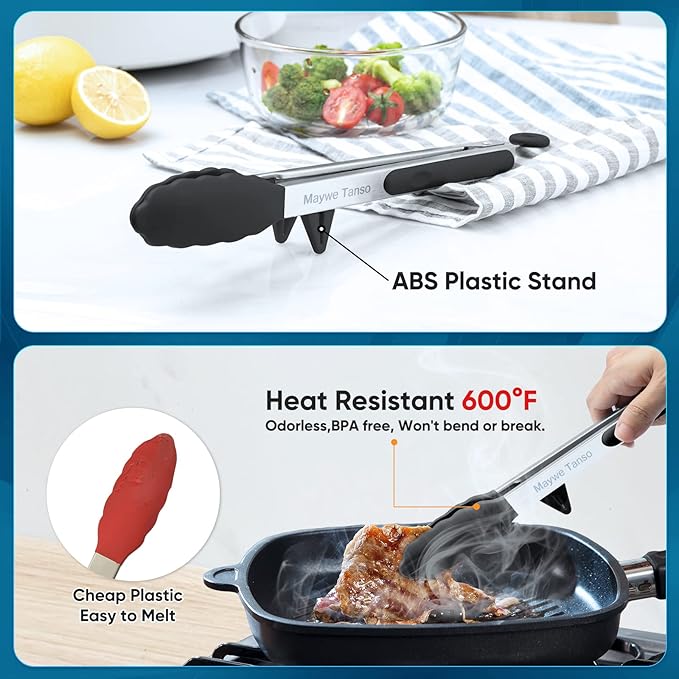 5-Pack Silicone Tongs for Cooking, Maywe Tanso 4PCS 13-Inch Kitchen Tongs - Image 3