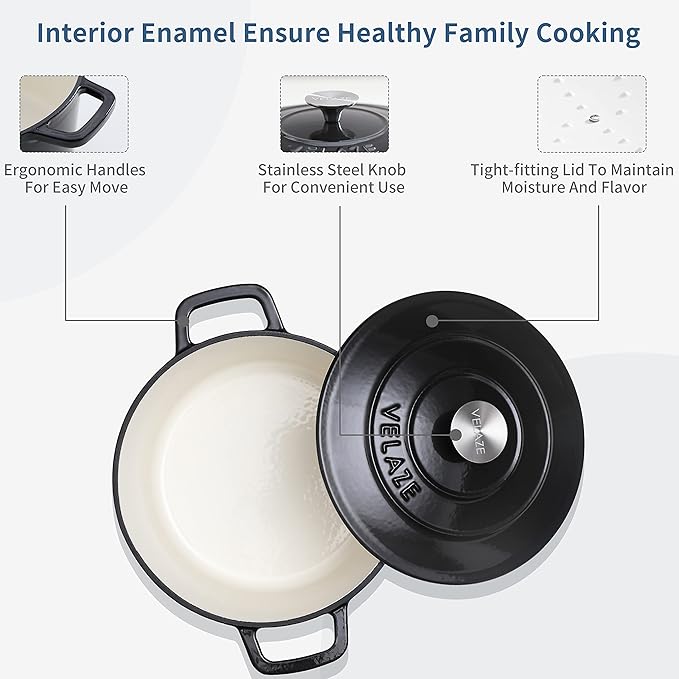 Velaze 6 QT Enameled Cast Iron Dutch Oven, Dual Handles Dutch Oven Pot - Image 4