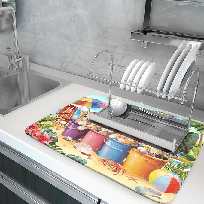 Lovely Cat Dish Drying Mat for Kitchen Counter Holiday Beach Absorbent Coffee - Image 5