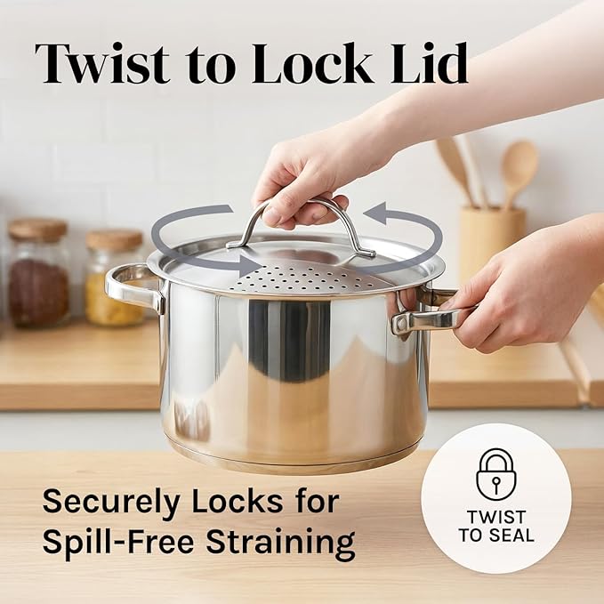 Stainless Steel Pasta Pot with Strainer Lid — 5.5 Qt Large Capacity Spaghetti - Image 3