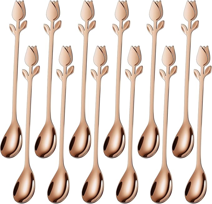 Rose Gold Tulip/Rose Handle 12-Pcs Mini Coffee Spoons Set by SGvrPvz
