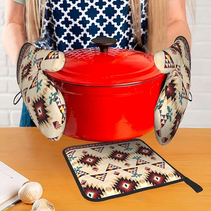 Southwestern Aztec Oven Mitts and Pot Holders Set of 3, Heat Resistant Non-Slip - Image 3