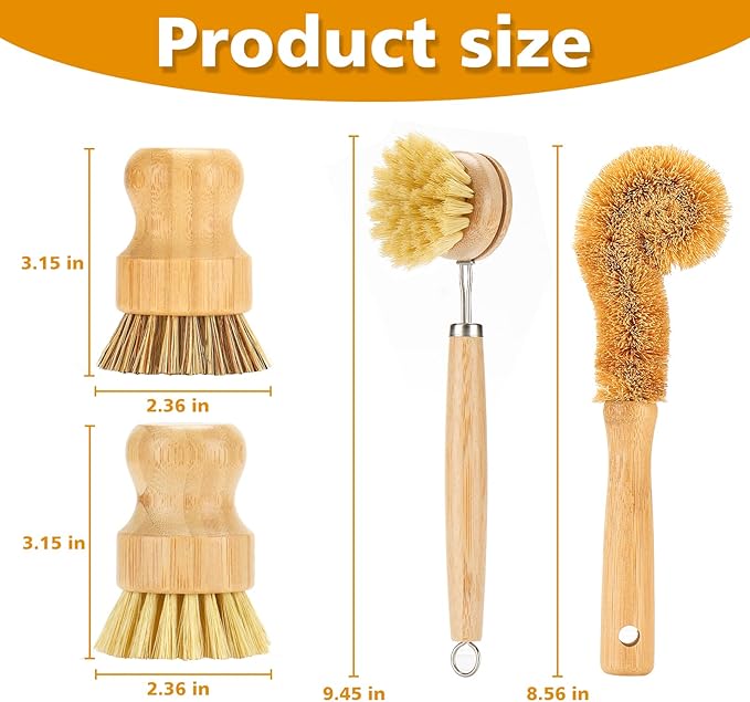 SAMEBUTECO Bamboo Dish Brushes Sets 4 Tools in One Kitchen Clean Dish Scrubber - Image 2