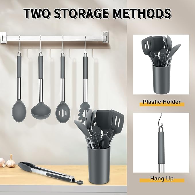 Silicone Cooking Utensils Set, E-far 14-Piece Gray Kitchen Utensils Set - Image 6