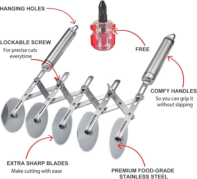 Juome 5 Wheel Pastry Cutter Stainless Pizza Slicer Multi-Round Dough Cutter - Image 3