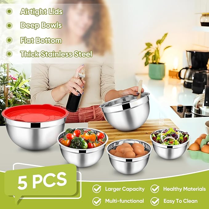 TeamFar Mixing Bowls, 4.5/3/1.5/1/0.7 QT, Stainless Steel Metal Nesting Salad - Image 3