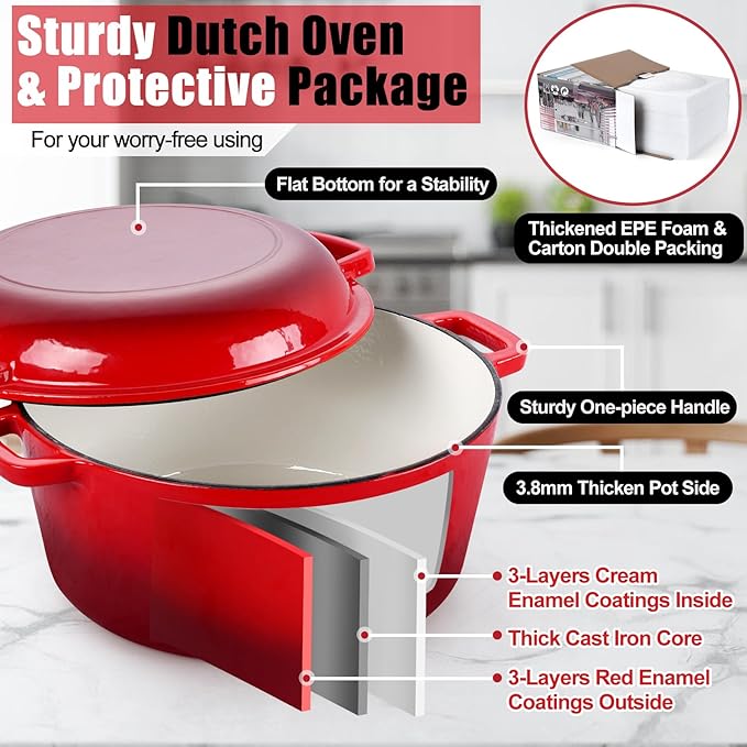P&P CHEF 5Qt Dutch Oven Pot for Bread Baking, 2 In 1 Round Cast Iron Dutch Oven - Image 4