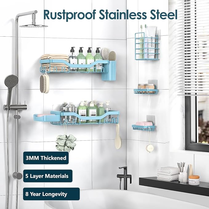 NESOMI Shower Caddy Adhesive Shower Organizer 7-Pack, Rustproof Stainless Steel - Image 5