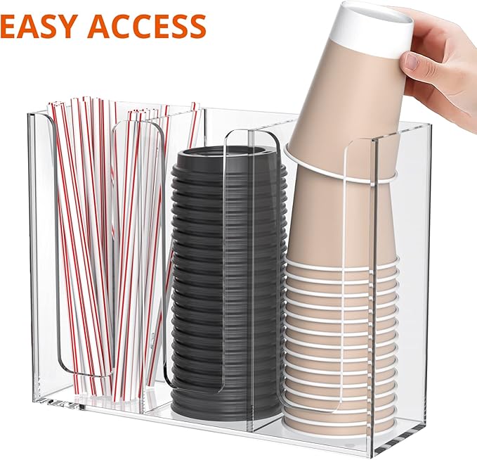 Richboom Acrylic Coffee Cup and Lid Storage Organizer Holder, 3 Compartments - Image 5