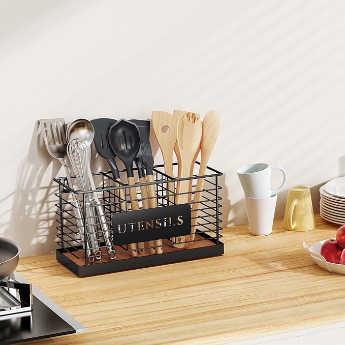 THYGIFTREE Utensil Holder for Kitchen Counter Large Black Metal Cooking Utensil - Image 6