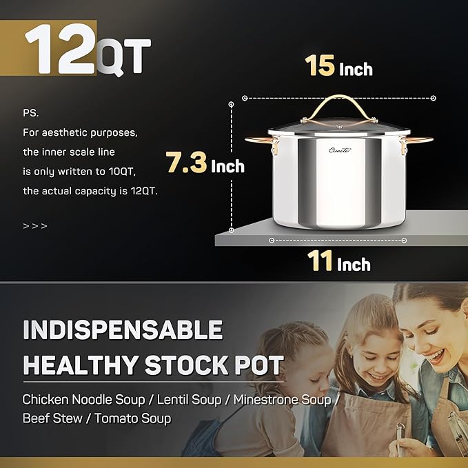 Ciwete Stock Pot 12 Quart, 18/10 Tri-Ply Stainless Steel Whole Clad Stock Pot - Image 4