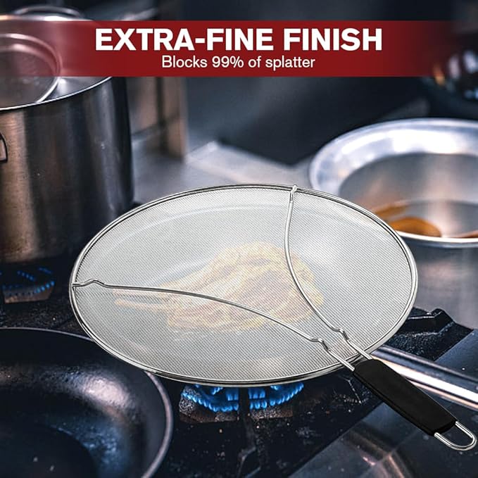 Splatter Screen for Frying Pan & Food Strainer, 13 Inch Stainless Steel Grease - Image 4