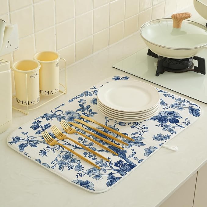 Vintage Blue Dish Drying Mat 18x24 Inch Chinoiserie Navy Blue Floral Drying Mat - Image 2