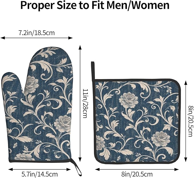 Navy Blue Oven Mitts and Pot Holders Vintage Floral Kitchen Accessories Set of - Image 3