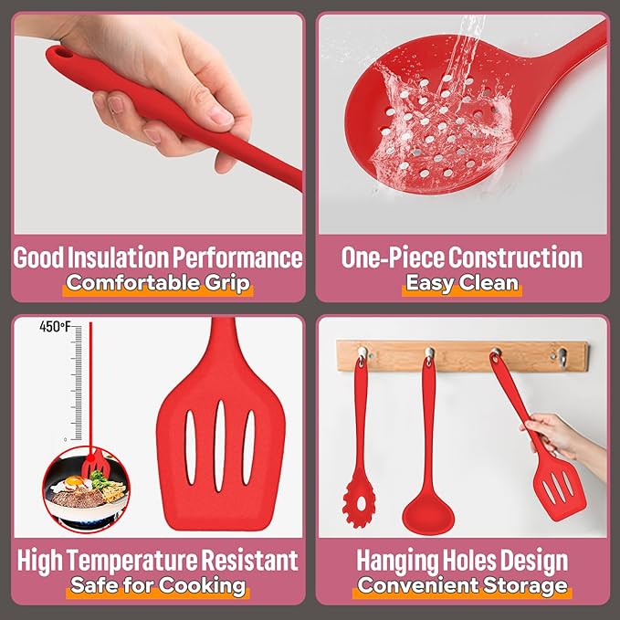 Silicone Kitchen Utensils Set, E-far 23 Pcs Red Cooking Utensils Tools - Image 2