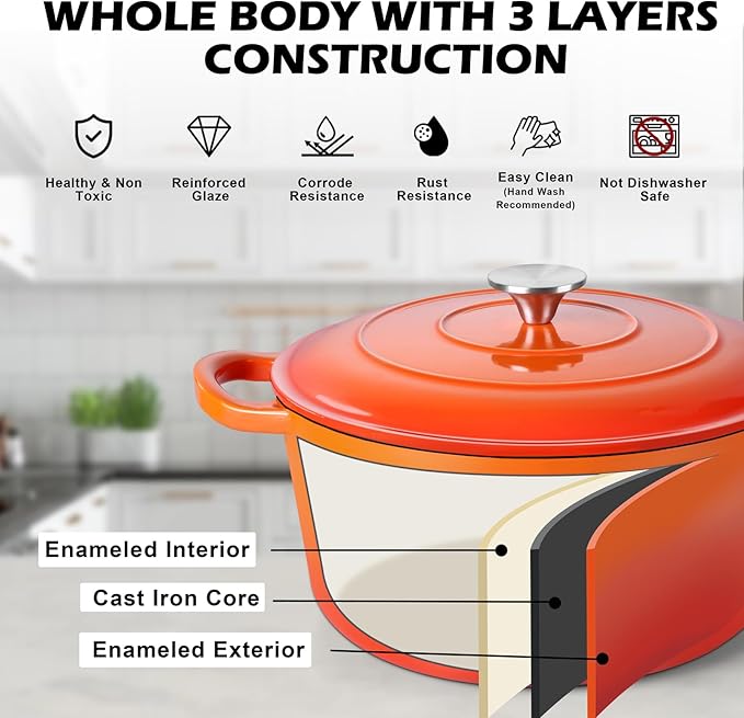 TeamFar Enameled Cast Iron Dutch Oven, 6QT Nonstick Dutch Oven Pot - Image 4