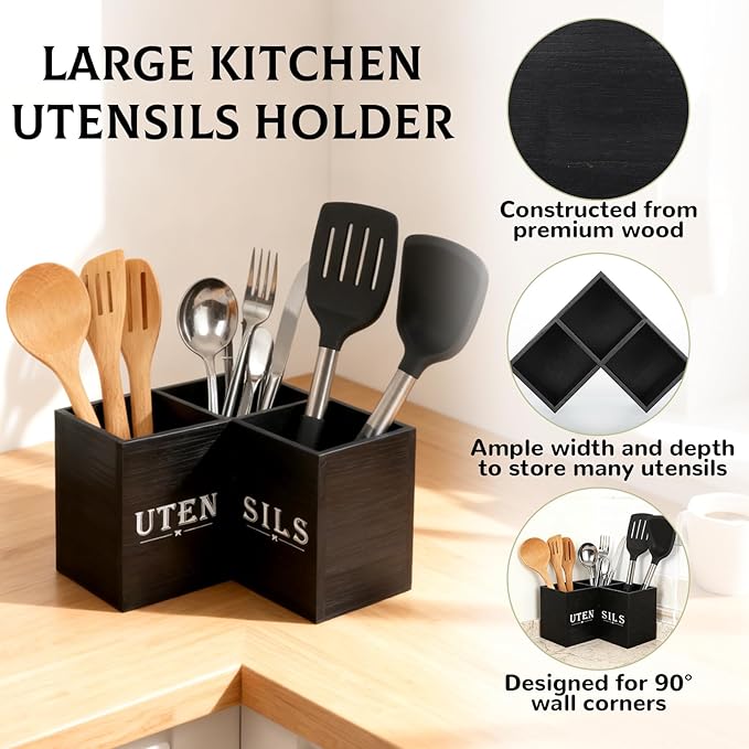 Kitchen Utensils Holder with 3 Compartments, Corner Utensil Caddy, Wooden - Image 3