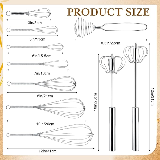 Teenyyou 10 Pcs Stainless Steel Whisks Set Egg Beater Semi Auto Whisk Blender - Image 2