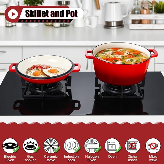 P&P CHEF 5Qt Dutch Oven Pot for Bread Baking, 2 In 1 Round Cast Iron Dutch Oven - Image 3