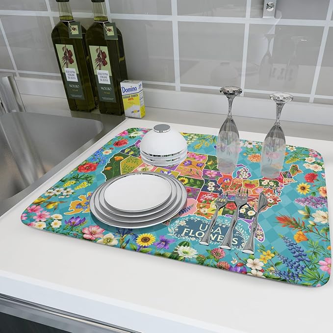Flower Map Dish Drying Mat Colorful Floral Microfiber Large Dish Drying Pad - Image 6