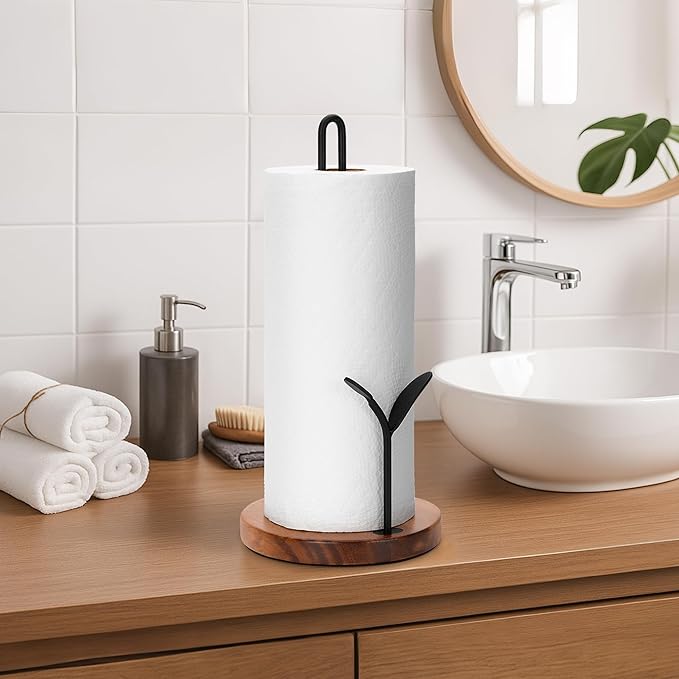 Wood Paper Towel Holder Countertop, Leaf-Shaped Accent Iron Rods - Image 8