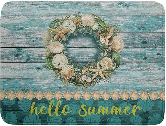 Hello Summer Dish Drying Mat for Kitchen Counter, Sea Shell Starfish Coastal by Anyako