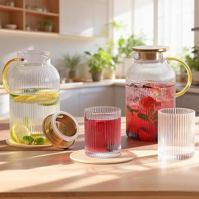 2 Pack Glass Pitchers with Lid and 2 Cups, 68oz/ 2 Liter Glass Water Pitcher - Image 7