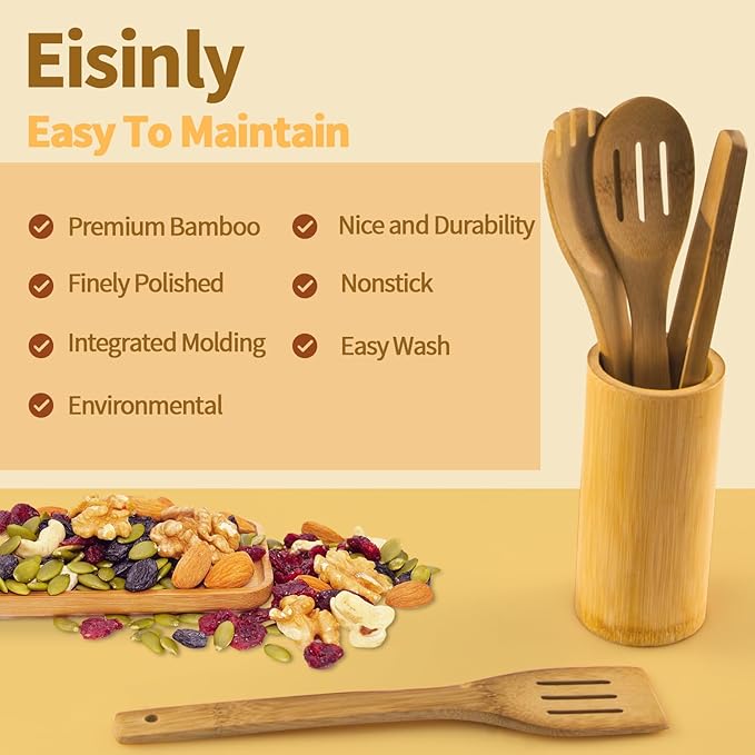 Eisinly Wooden Spoons for Cooking 7-Piece, Kitchen Nonstick Bamboo Cooking - Image 4
