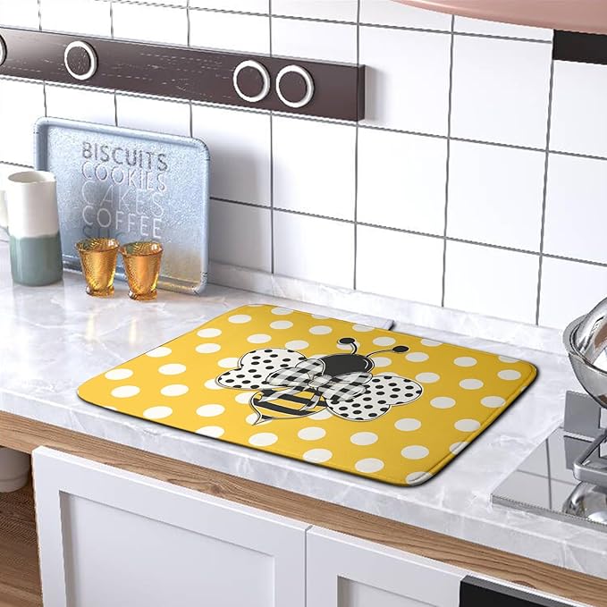 Bee Dish Drying Mat for Kitchen Counter 18x24 Inch Yellow Bumblebee Polka Dots - Image 5