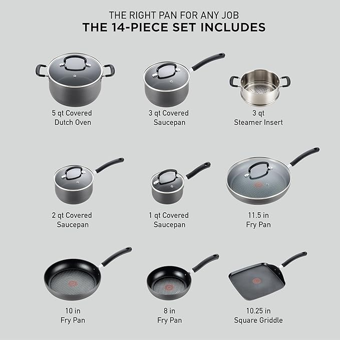 T-fal Ultimate Hard Anodized Nonstick Pots and Pans Set 14 Piece, Oven Broiler - Image 2