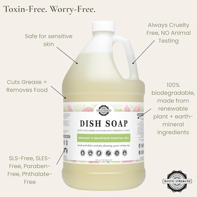 Rustic Strength Dish Soap, Bergamot & Grapefruit Scent, Gallon Plastic | Plant-Derived Cleansers,Helps Remove Grease and Food Residue,Rich Lather
