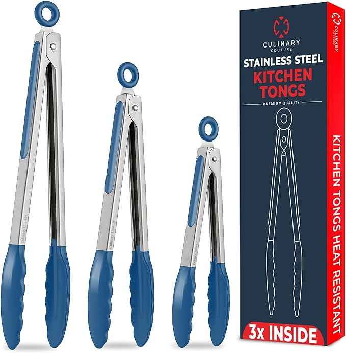 Kitchen Tongs with Silicone Tips Set of 3 Heat Resistant Tongs by CulinaryCouture