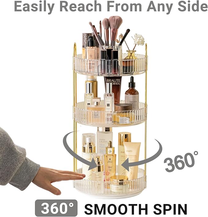 Asayuee 360 Rotating Makeup Organizer, 3 Tier Large Capacity Make Up Organizers - Image 3
