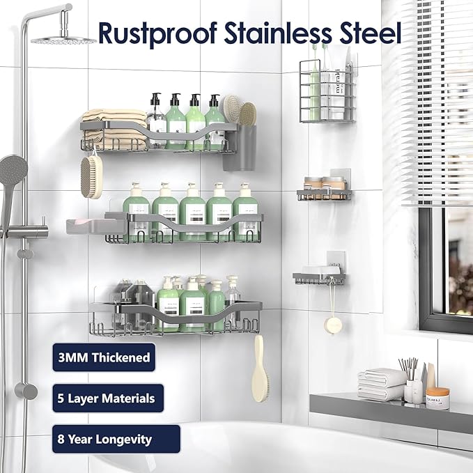 NESOMI Shower Caddy Adhesive Shower Organizer 8-Pack, Rustproof Stainless Steel - Image 5