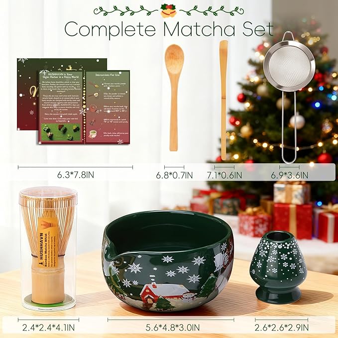 Christmas Matcha Whisk Set, Ceramic Matcha Set Includes Bowl & Holder, Bamboo - Image 2