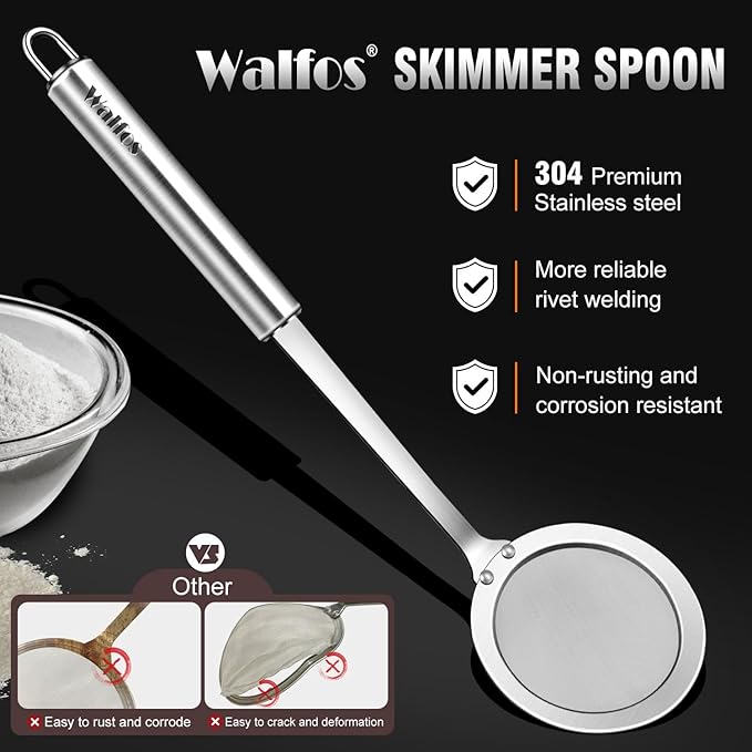 Walfos Skimmer Spoon, 304 Stainless Steel Fine Mesh Strainer, Foam Strainer Oil - Image 4
