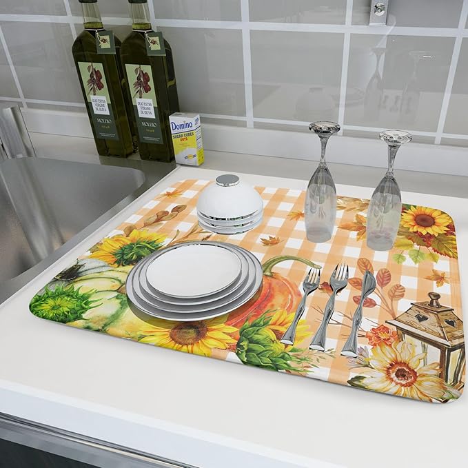 Autumn Maple Leaf Orange White Check Plaids Dish Drying Mat - Image 6