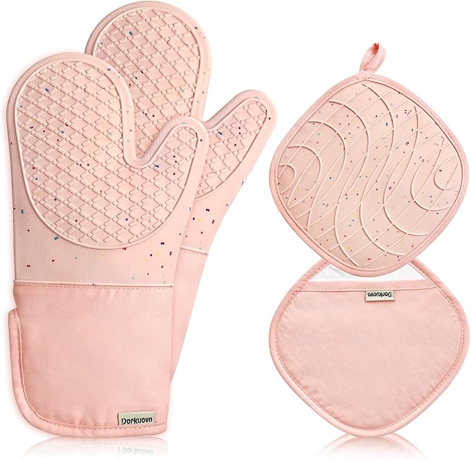 Pink Oven Mits, Heat Resistant, Non-Slip Grip Pattern, Baking Gloves by Dorkuovahome