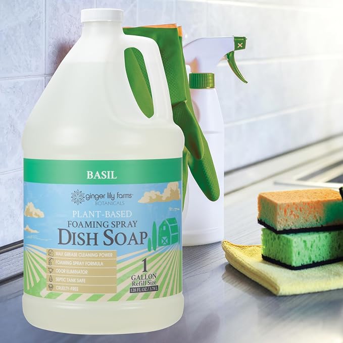 Ginger Lily Farms Botanicals Plant-Based Foaming Spray Dish Soap, Concentrated Formula with Max Grease Cleaning Power, Cruelty-Free, Basil Scent, 1 Gallon (Pack of 4)