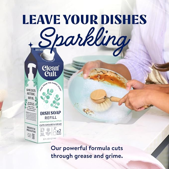 Cleancult Dish Soap Liquid Refills - Plant Based Cleaning Power - Cuts Grease & Grime - Free of Harsh Chemicals - Uses 90% Less Plastic - Mountain Eucalyptus - 32 oz/3 Pack